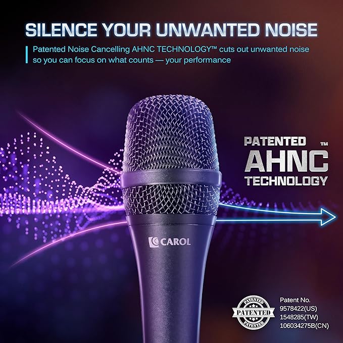 CAROL AC-910 XLR Wired Vocal Microphone – Dynamic Cardioid Mic with Dual-Engine AHNC Noise Cancelling Tech for Singing, Karaoke, Stage & Studio, Includes Microphone, Mic Clip & 14.8ft XLR Cable