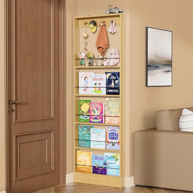 Behind The Door Bookshelf Kids,Wooden Behind Door Bookshelf, 5-Tier Bookcase Book Shelf Space-Saving Organizer Storage for Toys and Story Books Wall Mount Shelves with Hooks(Oak)