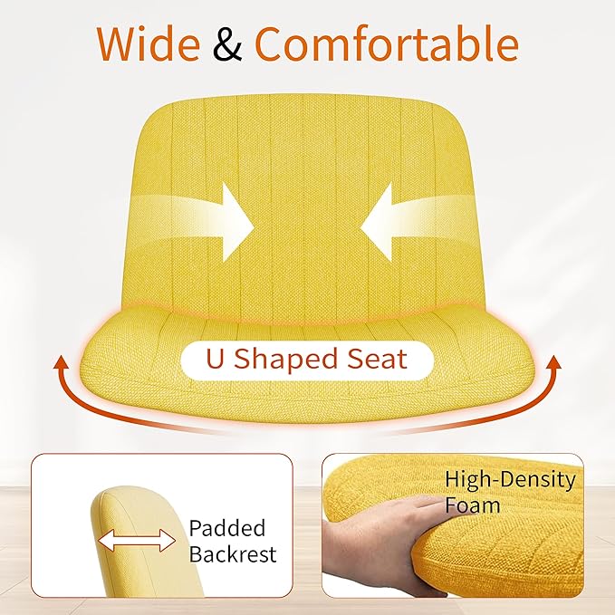 Meilocar Criss Cross Chair with Wheels, Cross Legged Office Chair, Armless Office Chairs Adjustable Height Swivel Tilting Fabric Vanity Chairs for Home Bedroom (Yellow)