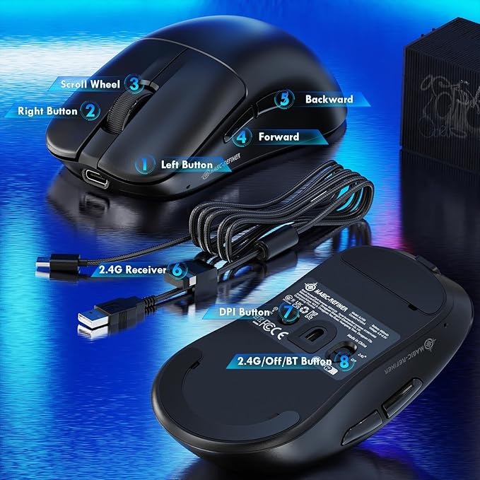 ZIYOU LANG×Magic-Refiner AJ199 Lightweight Wireless Gaming Mouse,Tri-Mode(2.4G/Wired/BT),24K DPI,PAW3311 Optical Sensor,1000Hz Polling Rate,600mAh,49g Ergonomic Mice for Mid-Large Hands-Black