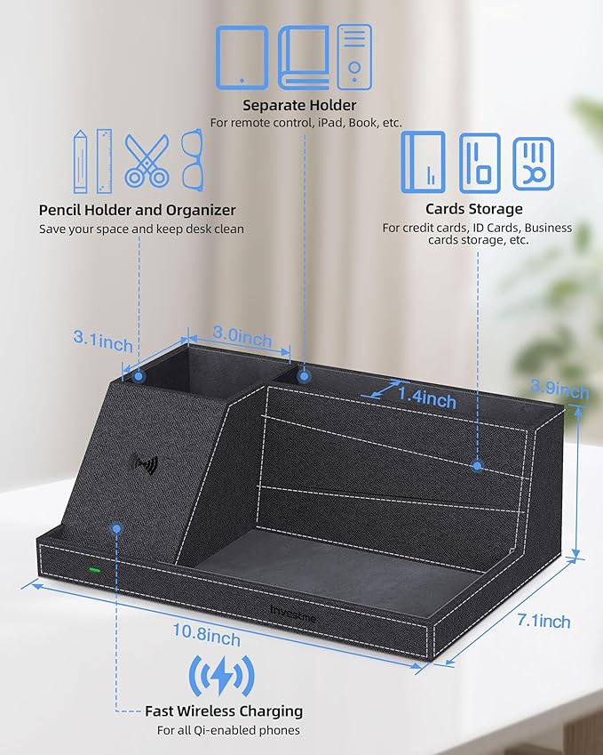 Wireless Charger with Desk Organizer, Fast Charging Station for iPhone 16/15/14/13/12/11 Pro Max, Desk Phone Charger Stand, Desktop Nightstand Organizer Pen Holder for Home Offfice Supplies