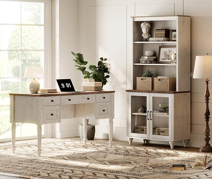WAMPAT Home Office Furniture Set, 56" Executive Desk with Charging Station, 72" Tall Bookcase with 2 Glass Doors, Wood Computer Desk with File Cabinet Storage, Open Shelf, Rustic White