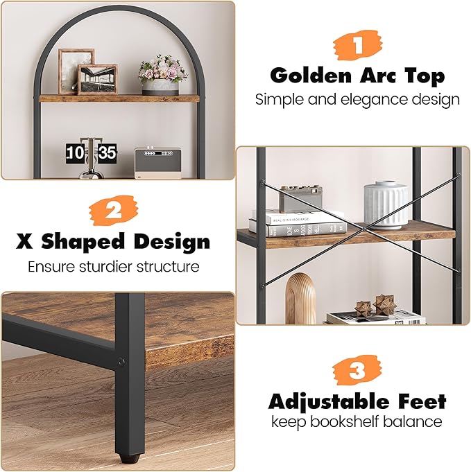 IDEALHOUSE Bookshelf 5 Tier Bookcase Arched Display Racks Tall Standing Bookshelves Metal Frame Modern Storage Rack Shelf Large Wood Book Shelf for Bedroom, Living Room, Home Office (Rustic Brown)