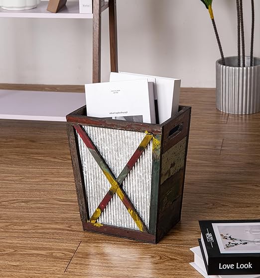 Venalys Small Wood Trash Can Wastebasket, Decorative Barn Door Garbage Can Waste Basket, Rustic Distressed Rectangular Trash Bin, Farmhouse Wooden Storage Basket Waste Paper Bin (Random)