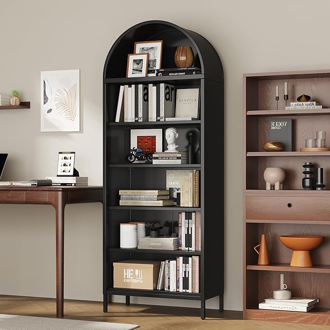 VEXPOR 73" Tall Arched Bookcase Cabinet, 6-Tiers Metal Black Arched Bookshelf for Home Office, Living Room, Assembly Required,13.78" D x 27.56" W x 72.83" H