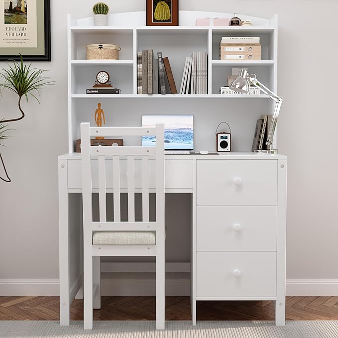40" Home Executive Desk and Upholstered Chair Set with Bookshelf,Vintage Style Computer Desk with 4 Drawers & Storage Shelf,Study Set for Office, Bedroom or Living Room (White)