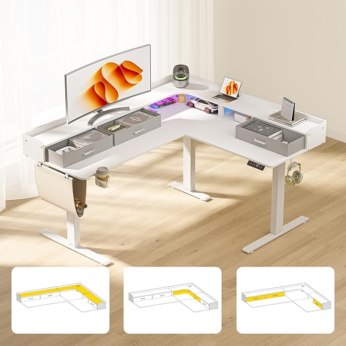 WALKINGDESK 63 Inches Height Adjustable L Shaped Standing Desk with 3 Drawers and Monitor Shelf, Electric Sit to Stand Home Office Comupter Table, Ergonomic Corner Gaming Desk, White