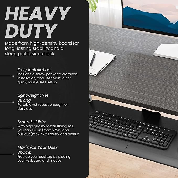 Under Desk Keyboard Tray Slide Out, Clamp On Pull Out Drawer with Mouse Space, Fits Desks 10–50mm Thick, 25 x 9.8 Inch Ergonomic Keyboard Holder for Comfortable Typing at Home or Office
