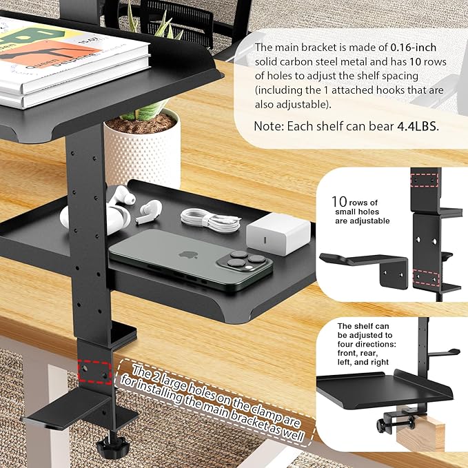 3 Tier Clamp On Desk Shelf with Adjustable Metal Storage Tray & Headphone Stand Over or Under Table Storage No Drilling Desk Extension Shelving Unit Desktop Shelves for 2.5in Max Desk Thick