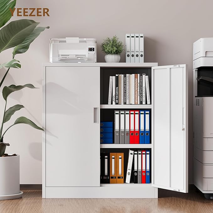Metal Storage Cabinet, 36" H Locking Storage Cabinet, Metal Cabinets with Doors and 2 Adjustable Shelves for Home, School, Office, Garage, White