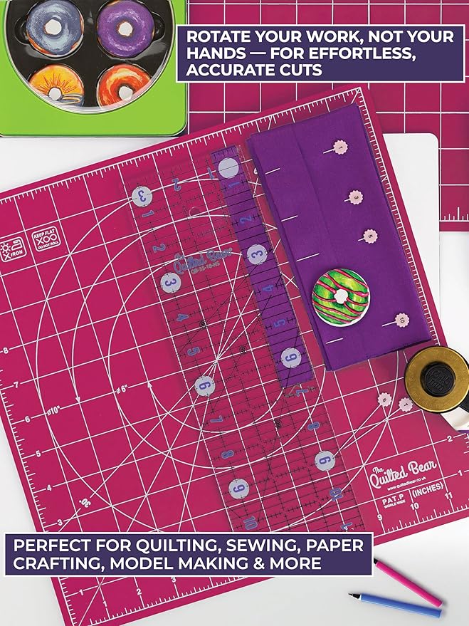The Quilted Bear Rotating Cutting Mat 7" x 7" - Locking & Rotating Self Healing Cutting Board for Sewing, Fabric & Effortless Quilting - 360 Degree Sewing Supplies Mat for Craft Table (Pink)