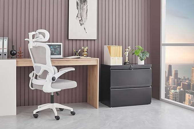 Guizeeopo Metal File Cabinet with Lock, 2 Drawer Lateral File Cabinets for Home Office, Printer Stand, Heavy Duty Office Storage Cabinet for A4/Letter/Legal Size, Assembly Required(Black)