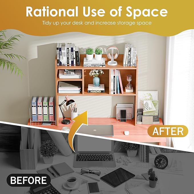 Nova Microdermabrasion Wooden Desktop Bookshelf with 6 Shelves–3-Tier Desk Organizer Hutch for Computer Desk, Home or Office (Natural)