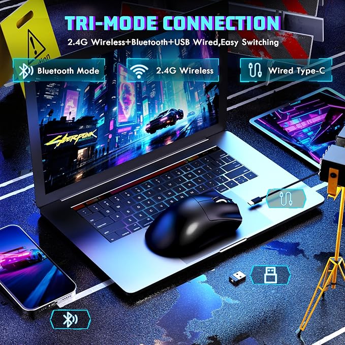 MAMBASNAKE ATTACKSHARK V3 Wireless Gaming Mouse,Adjustable 25K DPI PAW3311 Optical Sensor,Ergonomic 62g Lightweight 5 Programmable Buttons 500mAH Battery,2.4G/BT/USB-C Wired for PC/Mac-Black
