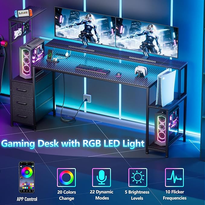 Korfile 63 Inch Gaming Desk with Bluetooth LED Lights & Power Outlets,Computer Desk with Fabric Drawers & Hooks,Reversible Gamer Table with Monitor Stand for Game Room,Home Office,Carbon Fiber Black