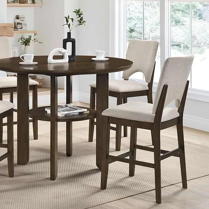 GOWE Contemporary Counter Height 5pc Dining Set Round Table with Shelf and 4X Chairs Comfort Light Beige Upholstery Dining Furniture Modern Contemporary Round Tabletop Table Base with Built-in Shelf