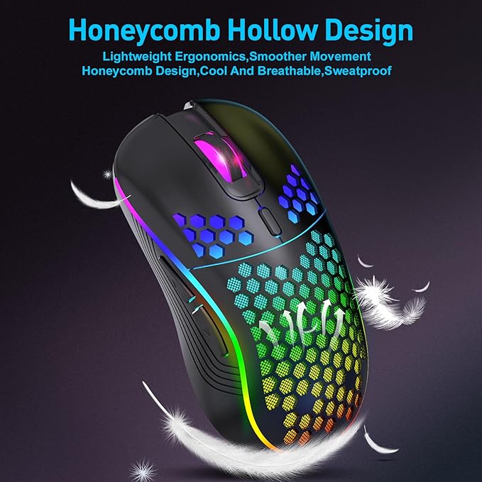 Wireless Gaming Mouse, Rechargeable Computer Mouse Ergonomic Mice Honeycomb Design with RGB Backlight, USB Receiver, 7 Buttons, Adjustable DPI, Wireless Mouse for PC/Mac/Laptop