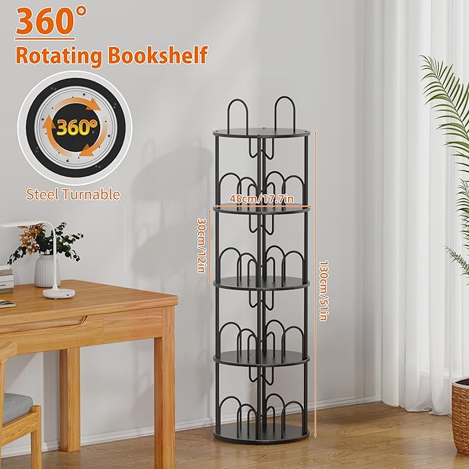 4 Tier Rotating Bookshelf, 360° Spinning Bookshelf Tower, Narrow Corner Book Shelf, Revolving Bookcase Corner Tall Book Shelf for Small Spaces, Bedroom, Living Room, Black