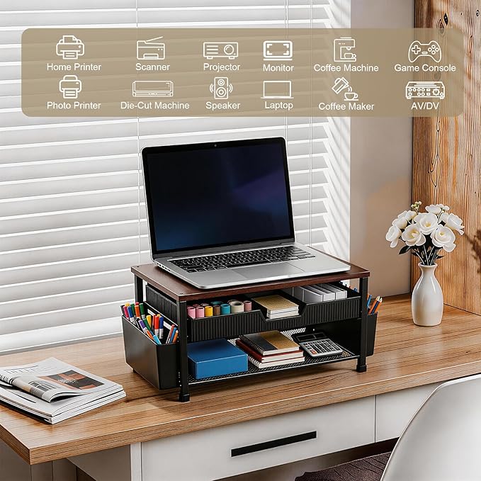Printer Stand for Desk with Storage, Wood Metal Desk Organizer with Drawer and Pen Holder, Printer Table for Home Office, Multi-Purpose for Fax Machine, Scanner, Die-Cut Machine, Files (Brown)