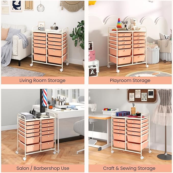 Moccha 12-Drawer Rolling Storage Cart - Utility Cart on Wheels with Lockable Casters for Craft Art Supply Paper Salon, Mobile Drawer Carts for Classroom Teacher School Office (Peach)