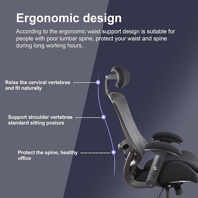 BOLISS Ergonomic Tall Office Chair with Double-Layer Seat Cushion, Desk Chair Adjustable Headrest, Adjustable Lumbar Support, Height Adjustable Flip-Up Arms