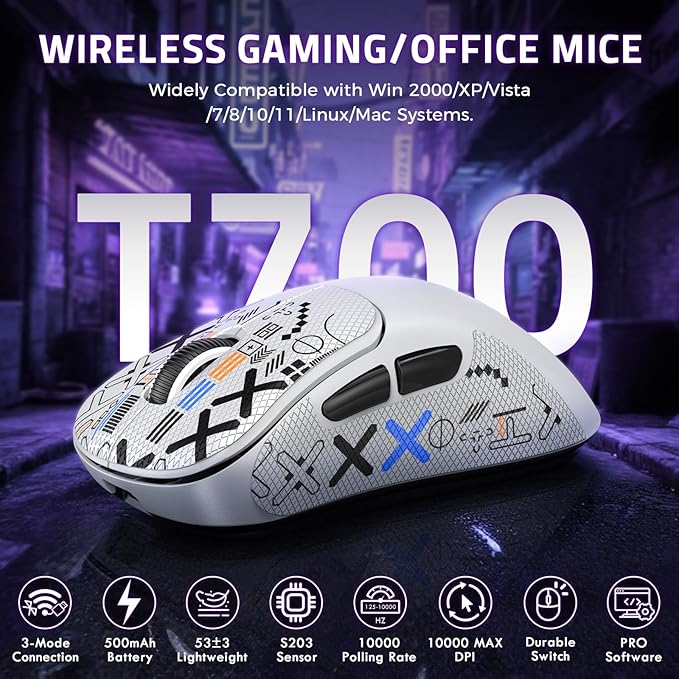 ZIYOU LANG × HXSJ T700 Wireless Gaming Mouse,Adjustable 10K DPI 1K Optical Sensor,2.4G/BT/USB-C 6 Programmed Buttons,56g Lightweight Right-Handed Ergonomic Computer Mice for PC/Mac-White&Griptape