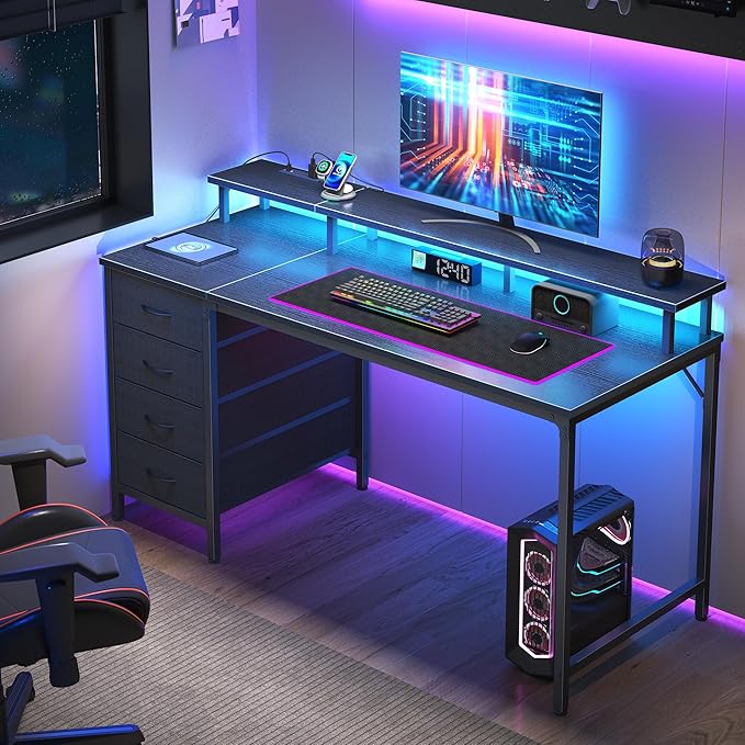 DUMOS Computer Desk with 4 Drawers,4 Drawer Gaming Desk with Power Outlets and LED Lights,Office Desk for Small Spaces with Monitor Shelf,Writing Desk for Home Office, Bedroom,Study 39 Inch Black