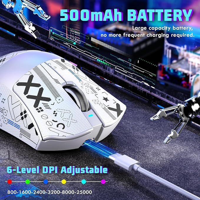 MAMBASNAKE Attack Shark V3 Wireless Gaming Mouse,Adjustable 25K DPI PAW3311 Optical Sensor,Ergonomic Lightweight 5 Programmable Buttons 500mAH Battery,2.4G/BT/USB-C Wired for PC/Mac-White&Griptape