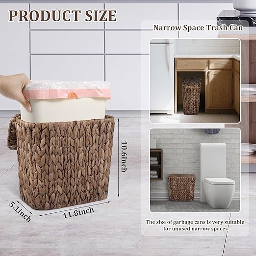 Wicker Trash Can with Lid and Liner, Handwoven Wicker Waste Basket, Water Hyacinth Bathroom Trash Can, Boho Rattan Garbage Wastebasket for Bedroom Home Living Room Office, 2.5 Gallon, Espresso