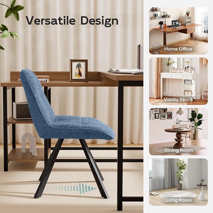 Small Desk Chair No Wheels, Swivel Velvet Vanity Chair No Arms, Armless Office Chair with Back and Metal Legs for Small Space, Bedroom, Home Office, Mid Century Modern, Ocean Blue