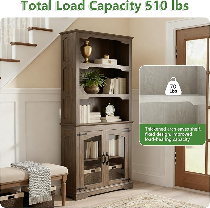 70 Inches Farmhouse Bookcase Bookshelf, Two-Tone Shelves, 5 Tier Bookshelf with Glass Door Storage Arched Trim, Home Office Living Room Storage Cabinet Unit, 31.5x11.8 Inches (Walnut, Glass Doors)