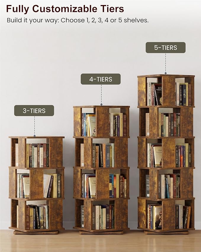 Foxemart 5-Tier Rotating Bookshelf Tower, 360° Spinning Modern Book Storage Bookcase, Stable Display Corner Book Shelf for Kids Room, Living Room, Bedroom, Home Office, Rustic Brown