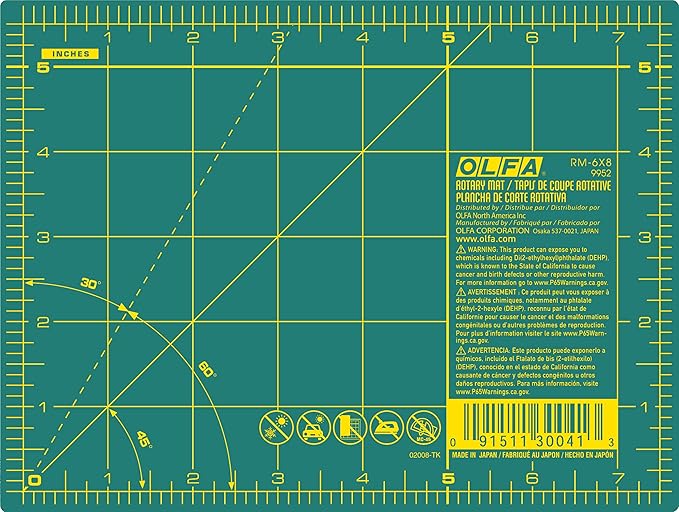 OLFA 6" x 8" Self Healing Rotary Cutting Mat (RM-6x8) - Double Sided 6x8 Inch Cutting Mat with Grid for Quilting, Sewing, Fabric, & Crafts, Designed for Use with Rotary Cutters (Green)