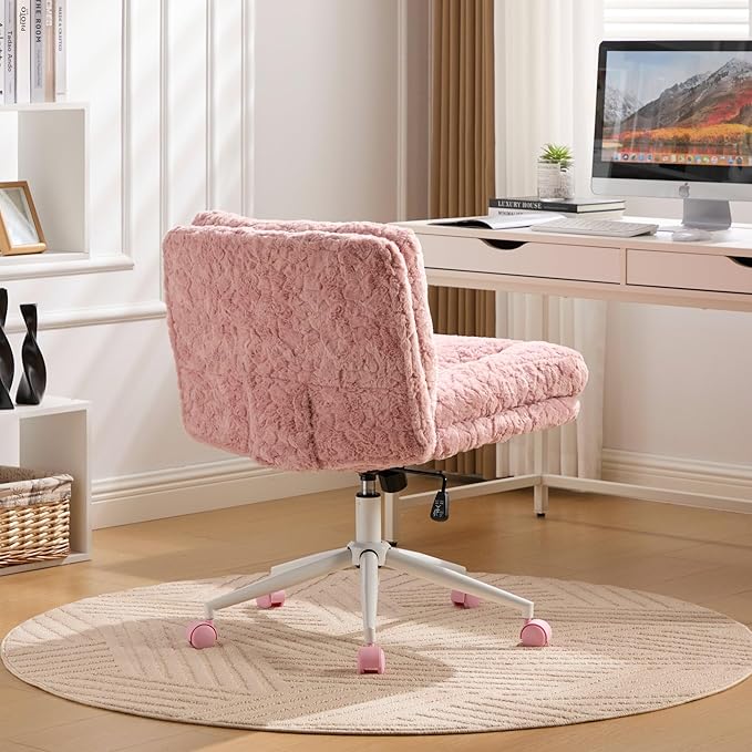 Goujxcy Desk Chair with Thickened seat Cushion, Modern Faux Fur Upholstered Home Office Chair, 360° Swivel Armless Desk Chairs, 120°Rocking Ergonomic Computer Task Vanity Chairs, Pink