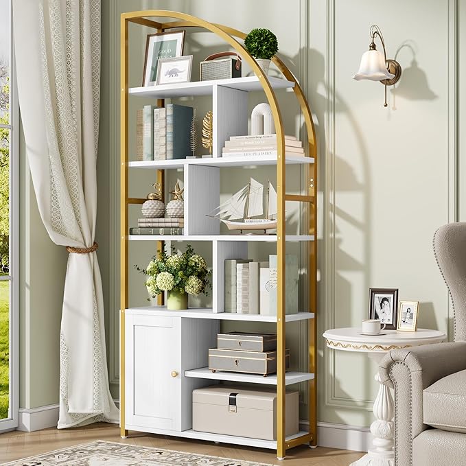 Jehiatek 71" Arc Gold Bookshelf with Storage Cabinet, Tall 6 Tiers Industrial Bookcase with Sturdy Metal Frame, Geometric Book Shelf for Lving Room, Home Office, Gold and White