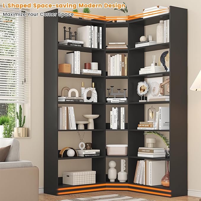 Semoic 70.8" Tall Corner Bookshelf, 7 Tiers Large Etagere Bookcases with Baffles, L-Shaped Modern Storage Display Rack Industrial Bookshelves for Bedroom, Home Office, Living Room & Kitchen, Black