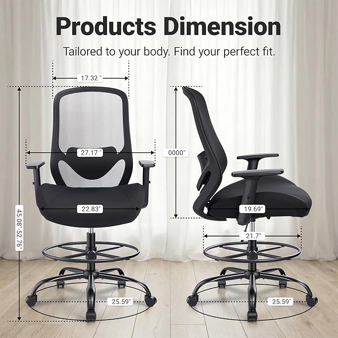 Drafting Office Chairs Big and Tall 450lbs Heavy Duty Mesh Tall Office Chair for Standing Desk, Ergonomic Desk Chair with with Lumbar Support & Wide Seat