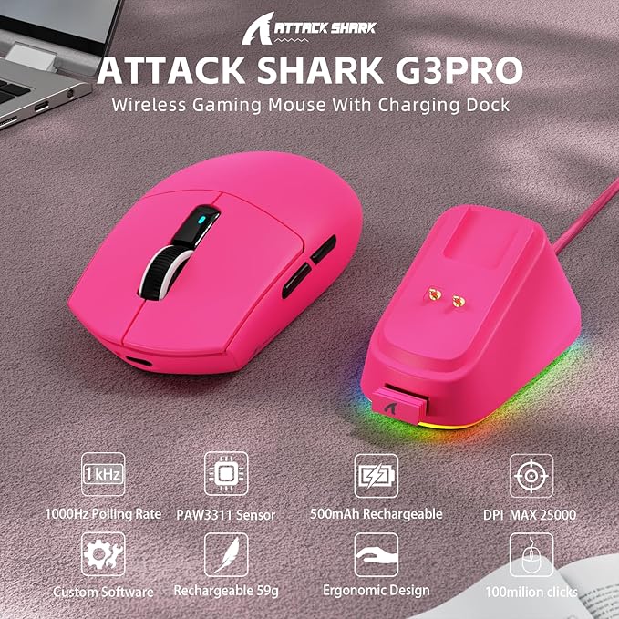 ATTACK SHARK G3PRO Wireless Gaming Mouse with RGB Charging Dock,2.4G/USB-C Wired/BT PAW3311 Optical Sensor 1K Polling Rate Adjustable 25K DPI,500mAh Battery Ultra Lightweight 59g Mice(Red)