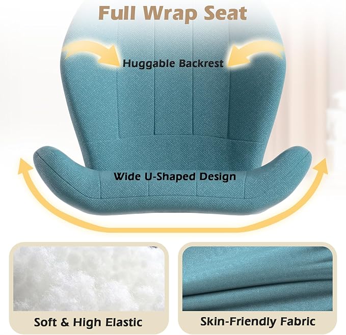 ZZW Criss Cross Chair with Wheels, Wide Cross Legged Office Chair Armless Comfy Desk Chair with Tall Back Vanity Chairs with Stress Relief Curved Design Seat for Bedroom & Office & Home Blue