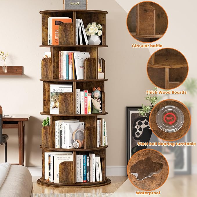 Besiost Rotating Bookshelf Tower, 5 Tier Spinning Bookcase, Revolving 360 Book Shelf Narrow Tall Bookcase, Vertical Turning Round Bookshelf Organizer, Corner Book Shelf for Small Space, Rustic Brown