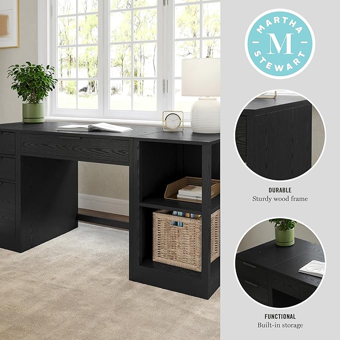 Martha Stewart Kayden Home Office Modular Desk with Drawer, 2 Tier Shelf, and File Cabinet in Black with Oil Rubbed Bronze Hardware