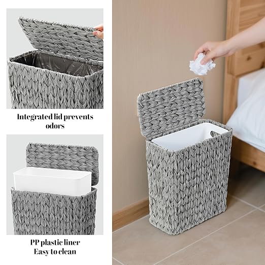 Coeusy 3 Gallon Wicker Trash Can,Grey Bathroom Trash Cans with Lid,Waterproof Slim Waste Basket for Bedroom,Home Office,Narrow Garbage Can with Removable Liner