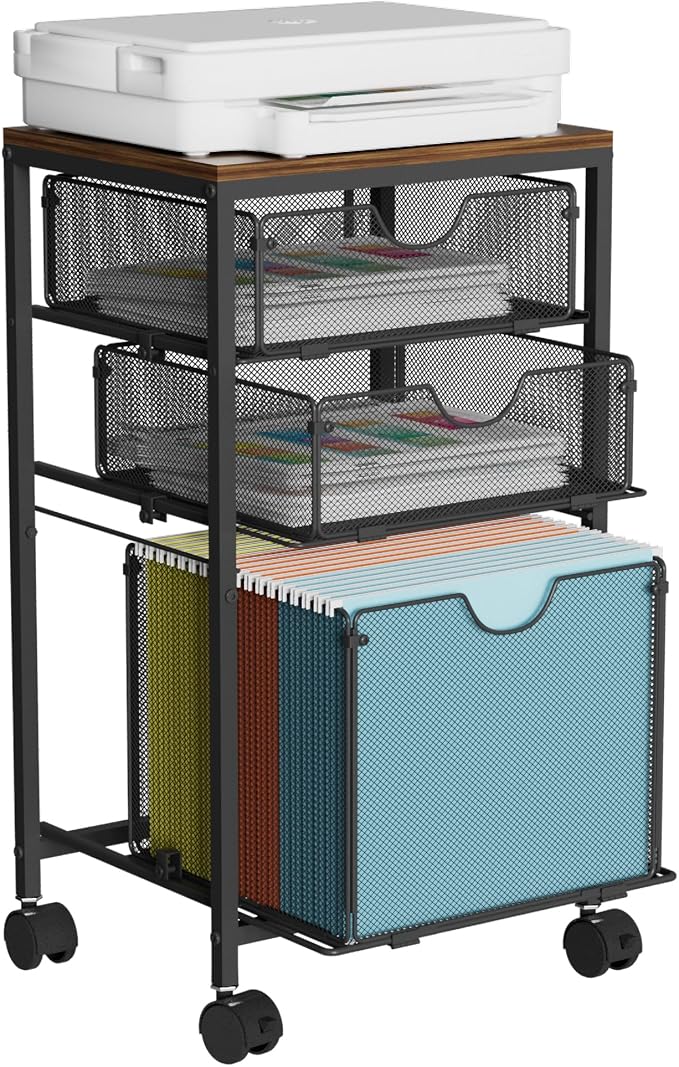 BOHDK Rolling File Cart with 3 Storage Drawers, Wood & Mesh Hanging File Folder Organizer with Wheels Under Desk, File Cabinets for Home Office, 11.81" D x 14.8" W x 25.39" H, Black