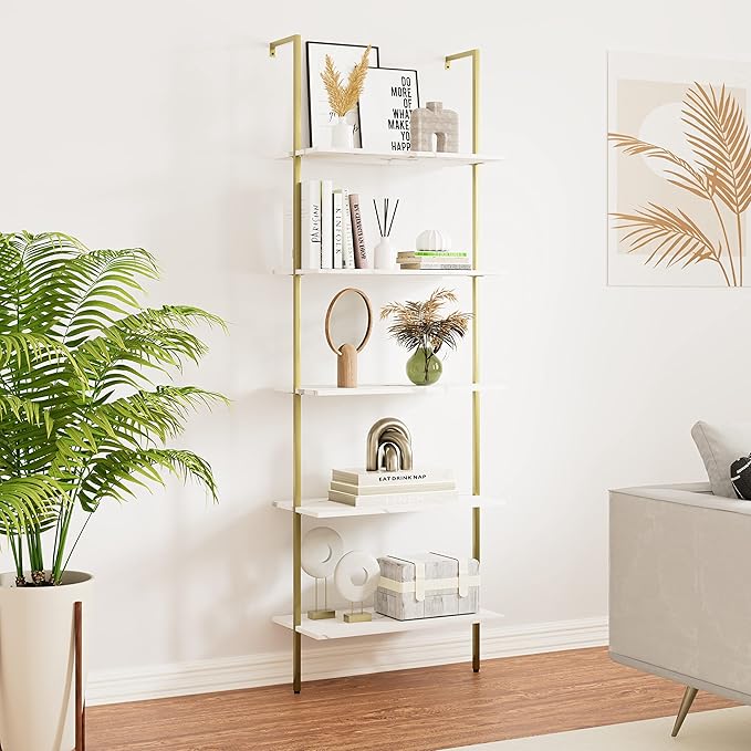Wolawu 5 Tiers Ladder Shelf White Marble Modern Bookshelf Open Tall Wall Mount Bookcase Standing Leaning Wall Shelves Industrial Decorative