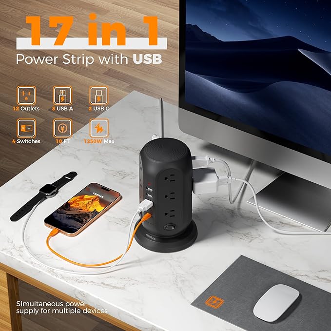 TESSAN Tower Power Strip with Individual Switches, Surge Protector with 12 Outlets, 5 USB Ports(2 USB C), Flat Extension Cord 10 Ft, 1250W, Charging Station for Multiple Devices, Office, Dorm, Black