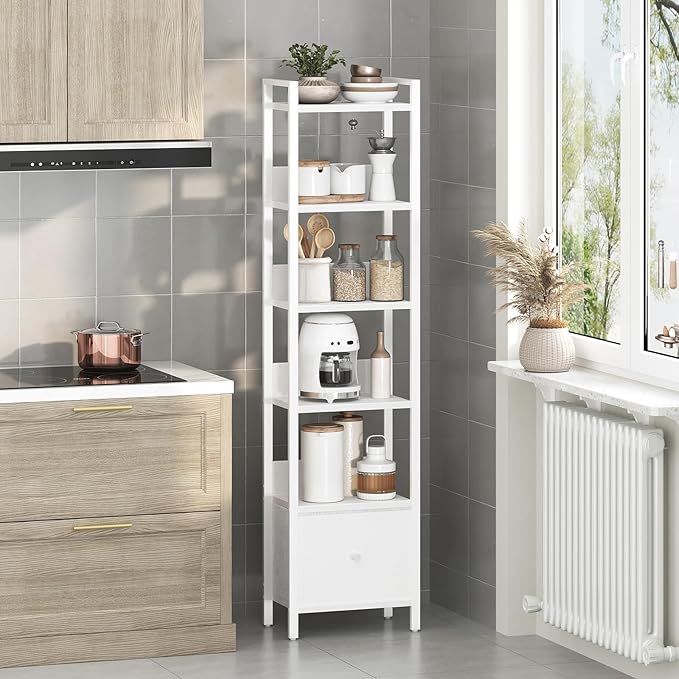 MAHANCRIS Bookshelf, 6-Tier Bookcase with Drawer, Small Book Shelf for Small Space, Storage Shelf Organizer, for Living Room, Bedroom, Study, Kitchen, White BKWT66101