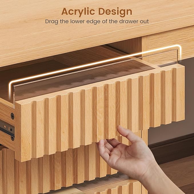 SEDETA 55.1" Fluted Office Desk with 6 Drawers, Modern Executive Desk with Acrylic File Drawers, Computer Desk with Power outlets for Home Office and Study, Natrual
