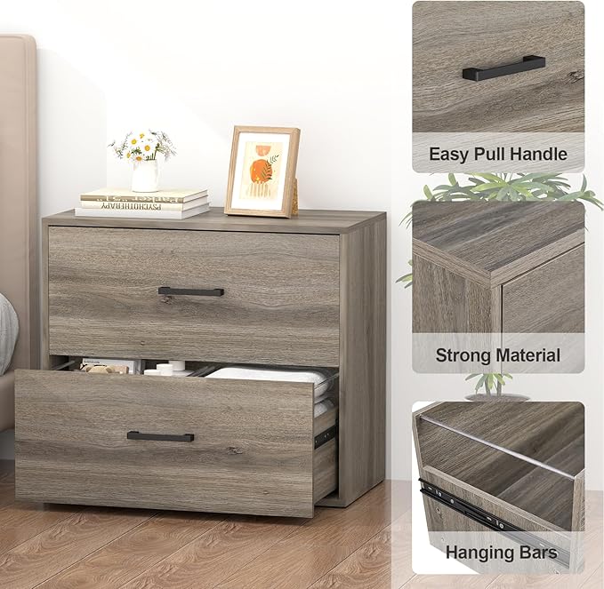 2 Drawer Wood Lateral File Cabinet, Wide Filing Cabinets for Home Office, Farmhouse File Cabinet Printer Stand for Hanging Files/Letters, Gray