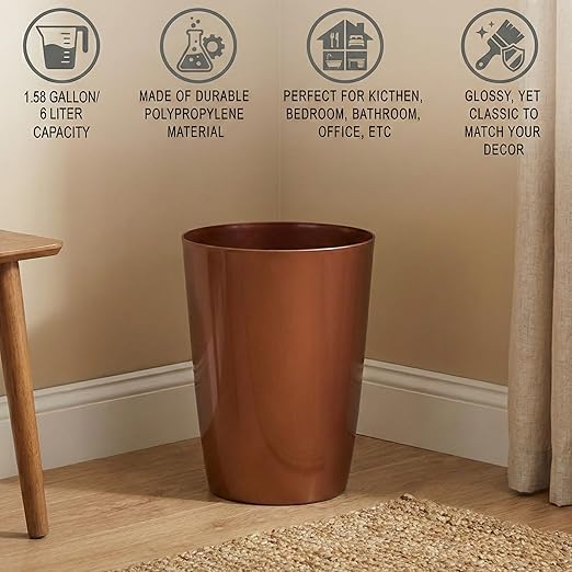 Mini Waste Basket - Durable Small Plastic Garbage Trash Can Bin - Lidless Open-Top, Slim Profile for Compact Spaces - Suitable for Home, Bathroom, Office, Bedroom, Kitchen and More, Copper