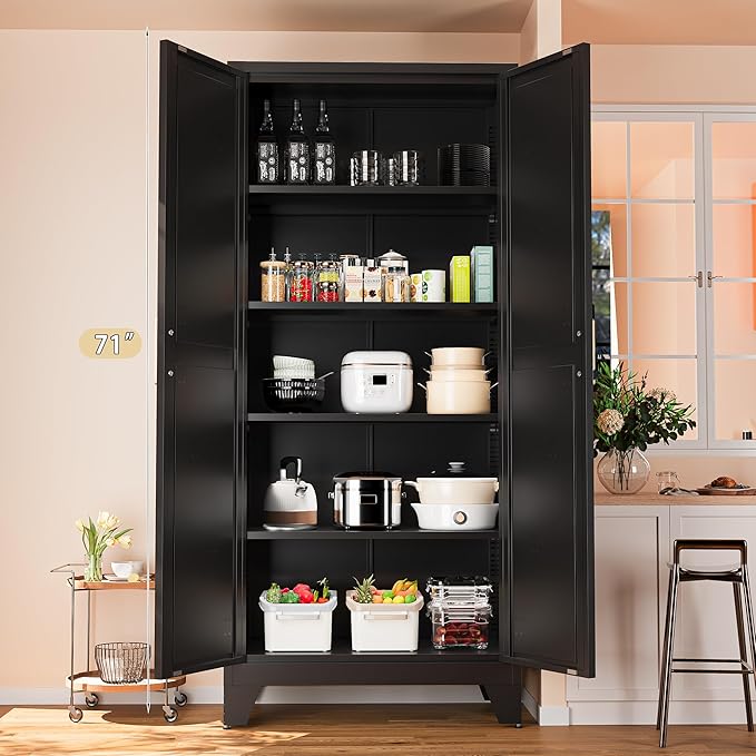 Washsemba 71'' Farmhouse Metal Storage Cabinet with Barn Doors,Steel File Cabinet for Home Office,Kitchen Pantry 4 Adjustable Shelves,Freestanding Cupboard for Kitchen,Home Office (Black)